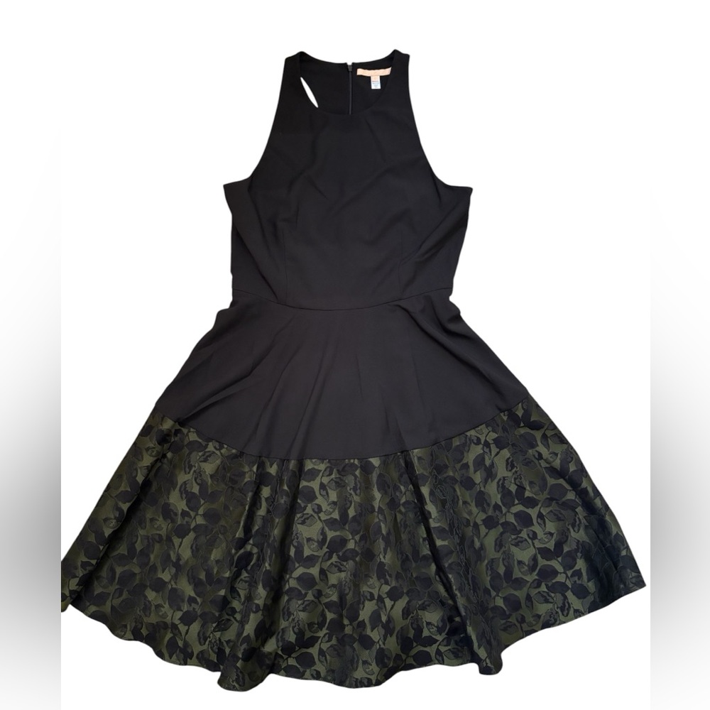 Anthropologie Hutch Claire Fit & Flare Jaquard Dress Olive Black Combo Size 12 - Picture 2 of 7